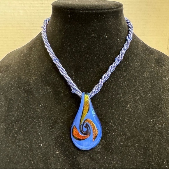 Art Glass Blue Hand Blown Glass Pendant With Seed Bead Multi-Strand Necklace - Picture 3 of 16